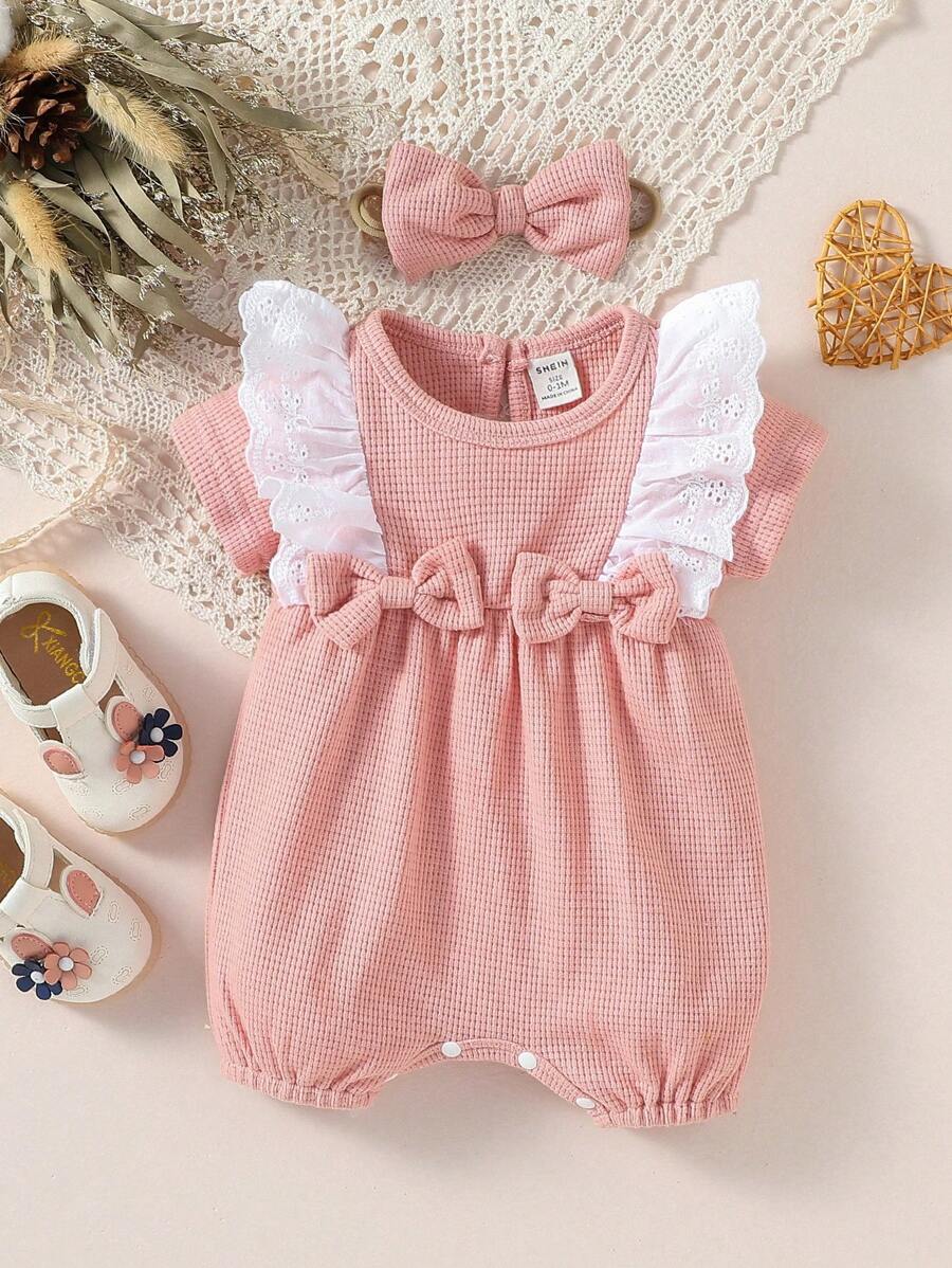 SHEIN Rompers Em bé Nơ Bướm Xù Tranh thêu Khối Màu - Hồng - Xem 1
