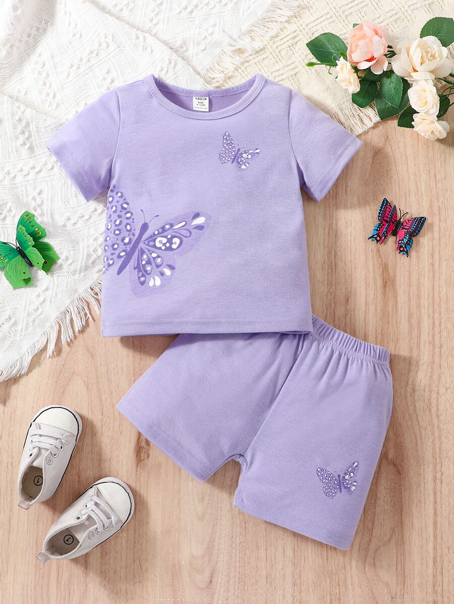 男嬰蝴蝶圖案T恤和短褲 - 淡紫色 - 查看 1