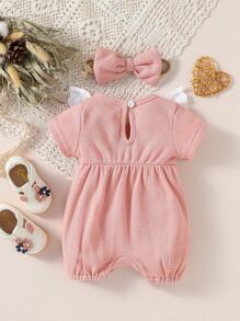 SHEIN Rompers Em bé Nơ Bướm Xù Tranh thêu Khối Màu - Hồng - Xem 2