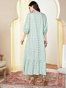 Al Najma Gold Dot Print Contrast Tape Ruffle Hem Belted Dress - Mint Green - View 2