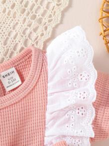 SHEIN Rompers Em bé Nơ Bướm Xù Tranh thêu Khối Màu - Hồng - Xem 3