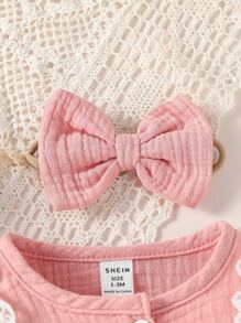 SHEIN Recién nacido Bebé con encaje en contraste ribete con fruncido con lazo delantero Vestido con Accesorio Diadema - Rosa coral - Ver 5