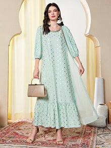 Al Najma Gold Dot Print Contrast Tape Ruffle Hem Belted Dress - Mint Green - View 4