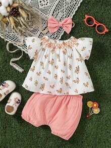 新生兒碎花荷葉邊花邊下擺上衣和短褲和配件髮箍