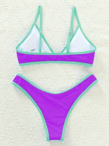 Summer Beach Contrast Binding Triangle Bikini Set - Purple - View 2