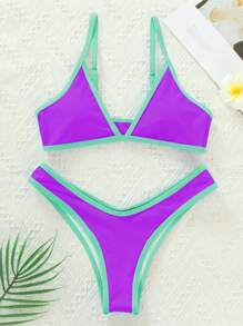 Summer Beach Contrast Binding Triangle Bikini Set - Purple - View 5