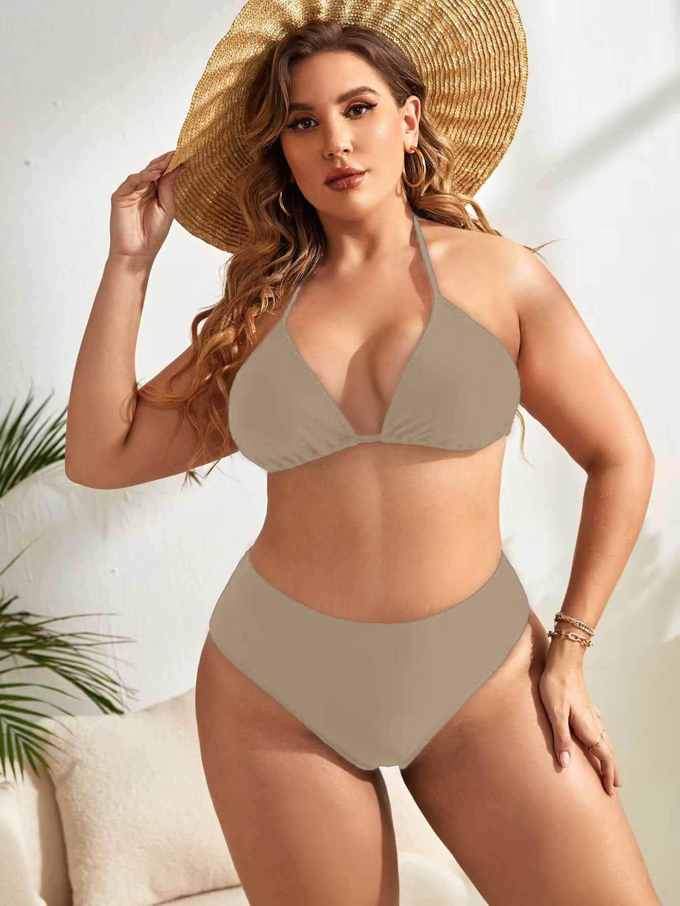 Plus Size Halter Triangle Thắt lưng cao Bikini Set Bãi biển mùa hè - Cà phê nâu - Xem 1