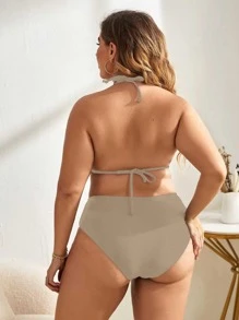 Plus Size Halter Triangle Thắt lưng cao Bikini Set Bãi biển mùa hè - Cà phê nâu - Xem 2