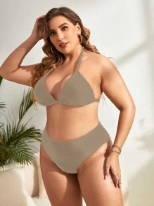 Plus Size Halter Triangle Thắt lưng cao Bikini Set Bãi biển mùa hè - Cà phê nâu - Xem 3
