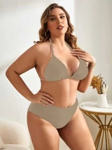 Plus Size Halter Triangle Thắt lưng cao Bikini Set Bãi biển mùa hè - Cà phê nâu - Xem 4