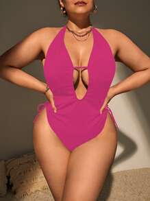 大碼深V領側繫帶連體泳衣 - 玫紅色 - 查看 1
