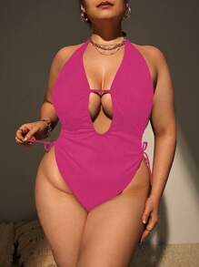 大碼深V領側繫帶連體泳衣 - 玫紅色 - 查看 3