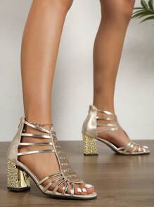 Women Metallic Rhinestone Decor Chunky Heeled Ankle Strap Sandals, Glamorous Banquet Heeled Sandals - Gold - View 5