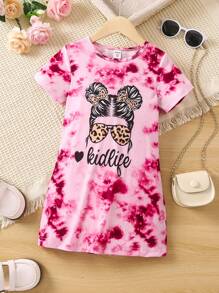 SHEIN 小女童1入組紮染和人像圖案T恤連衣裙 - 粉色 - 查看 1