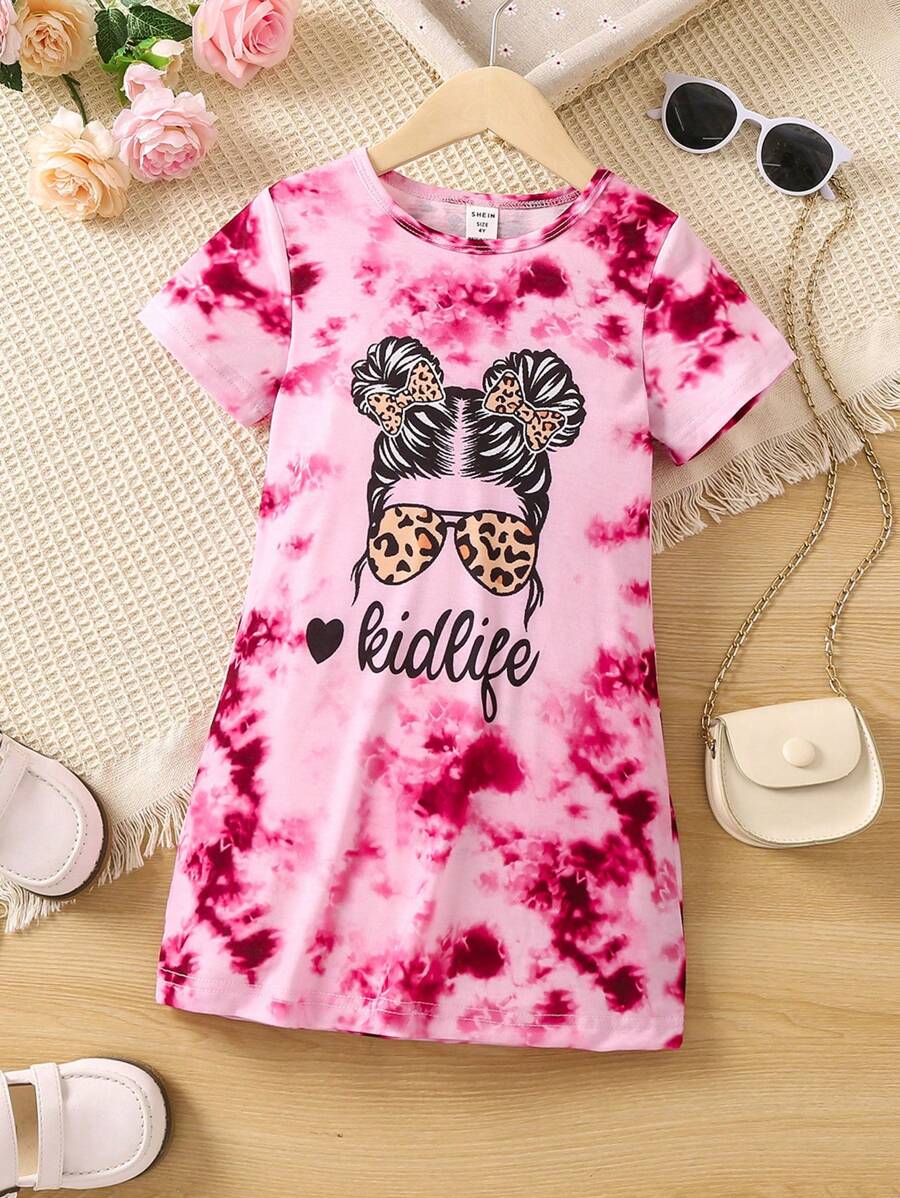 SHEIN 小女童1入組紮染和人像圖案T恤連衣裙 - 粉色 - 查看 1