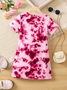 SHEIN 小女童1入組紮染和人像圖案T恤連衣裙 - 粉色 - 查看 2