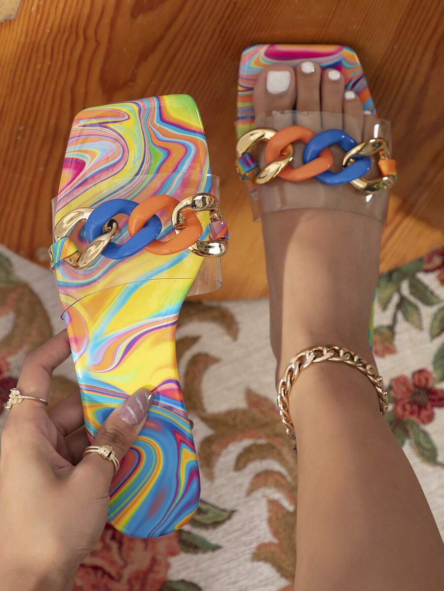 Dép xỏ ngón đế vuông đế bằng cho nữ nhiều màu sắc trang trí khu nghỉ dưỡng gợi cảm trang trí xích Dép xỏ ngón nữ thời trang đế bằng cỡ lớn Giày nữ thanh lịch thường ngày mùa hè - Nhiều màu - Xem 1