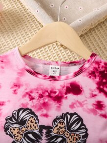 SHEIN 小女童1入組紮染和人像圖案T恤連衣裙 - 粉色 - 查看 4