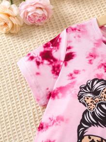 SHEIN 小女童1入組紮染和人像圖案T恤連衣裙 - 粉色 - 查看 5