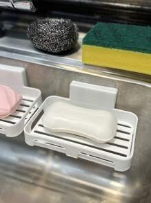 1 pieza de plástico Esponja de limpieza minimalista blanco sin perforación Estante de almacenamiento de cocina para cocina - Blanco - Ver 2