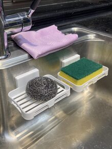 1 pieza de plástico Esponja de limpieza minimalista blanco sin perforación Estante de almacenamiento de cocina para cocina - Blanco - Ver 6