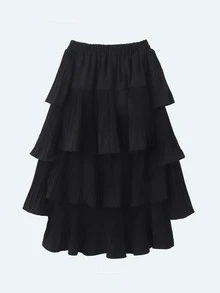 Váy nữ Bất đối xứng phân lớp Uốn nếp màu trơn Giải trí - màu đen - Xem 2