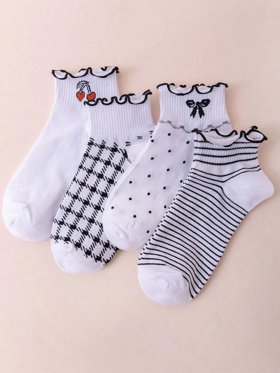 4pairs Women Striped & Plaid Pattern Fashion Ankle Socks, For Daily Life