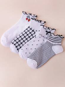 4pairs Women Striped & Plaid Pattern Fashion Ankle Socks, For Daily Life