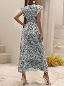 Breezaya Ditsy Floral Print Ruffle Hem Dress - Black and White - View 2