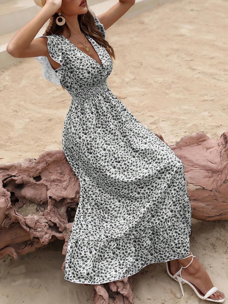 Breezaya Vestido con estampado floral bajo con fruncido - Blanco y Negro - Añade 6