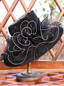 1入組女士花卉裝飾優雅帽子適合茶會 - 黑色 - 查看 2