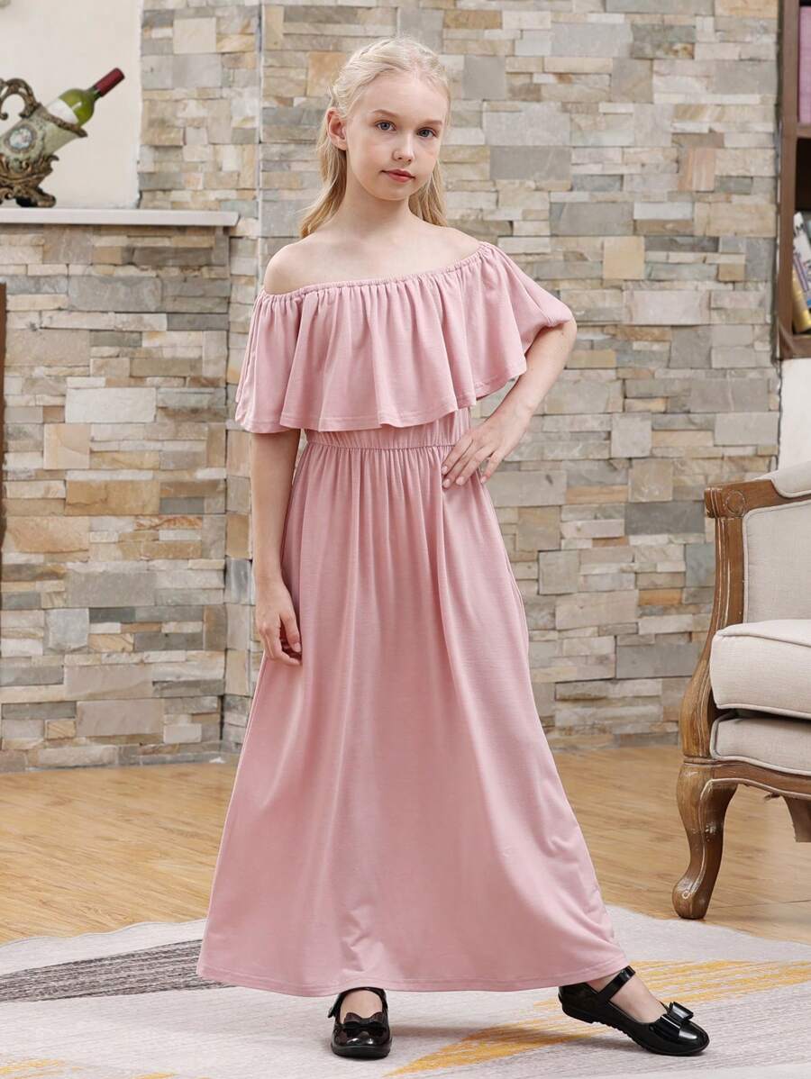 女孩一字肩荷葉邊連衣裙 - 粉色 - 查看 1