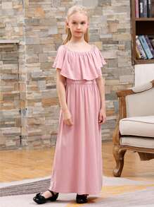 女孩一字肩荷葉邊連衣裙 - 粉色 - 查看 4