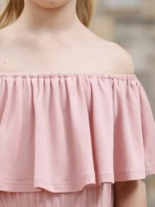 女孩一字肩荷葉邊連衣裙 - 粉色 - 查看 7