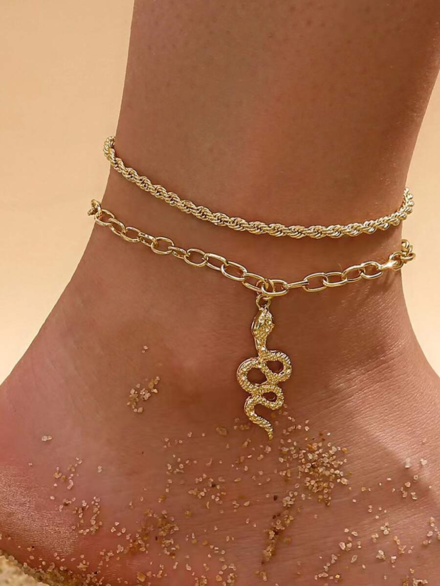 2入組/套蛇裝飾鏈式腳鏈 - 金黃色 - 查看 1