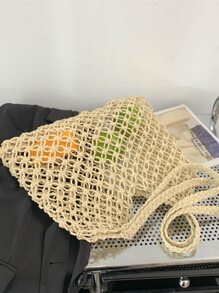 中等草編包雙把手鏤空沙灘包,完美適合夏天海灘旅行度假 - 白色 - 查看 4