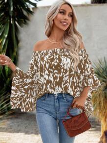 SHEIN Clasi Áo sơ mi nữ Xù Dải chun Tất cả trên in Boho - màu nâu - Xem 4