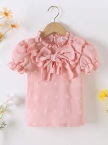 SHEIN Áo sơ mi bé gái Xù Nơ trước màu trơn Dễ thương - Hồng - Xem 1