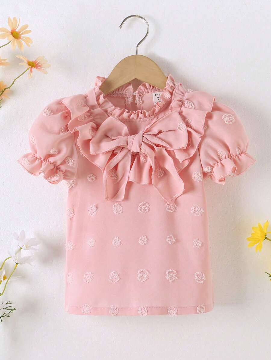 SHEIN Áo sơ mi bé gái Xù Nơ trước màu trơn Dễ thương - Hồng - Xem 1