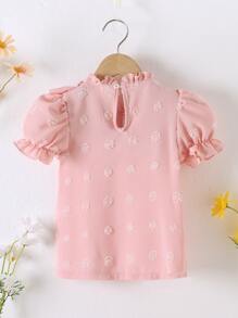 SHEIN Áo sơ mi bé gái Xù Nơ trước màu trơn Dễ thương - Hồng - Xem 2