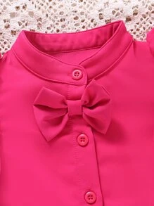 SHEIN Áo sơ mi bé gái Xù phân lớp Nơ trước Nút phía trước màu trơn Dễ thương - Màu Hồng Tươi - Xem 3