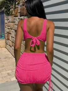 Ring Linked Cut Out One Piece Swimsuit With Beach Dress - Hot Pink - View 2