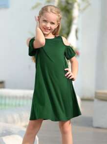 Girls Cold Shoulder Solid Tee Dress - Green - View 1