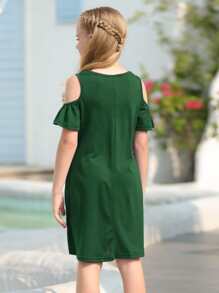 Girls Cold Shoulder Solid Tee Dress - Green - View 2