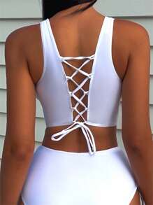 Summer Lace Up Backless Bikini Top - White - View 1