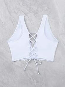 Summer Lace Up Backless Bikini Top - White - View 3