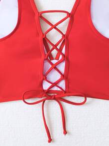 Lace Up Backless Bikini Top For Summer Beach Vacation - Red - View 6