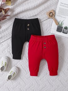 SHEIN Bé trai sơ sinh 2 Miếng Nút phía trước Quần thể thao - Nhiều màu - Xem 1