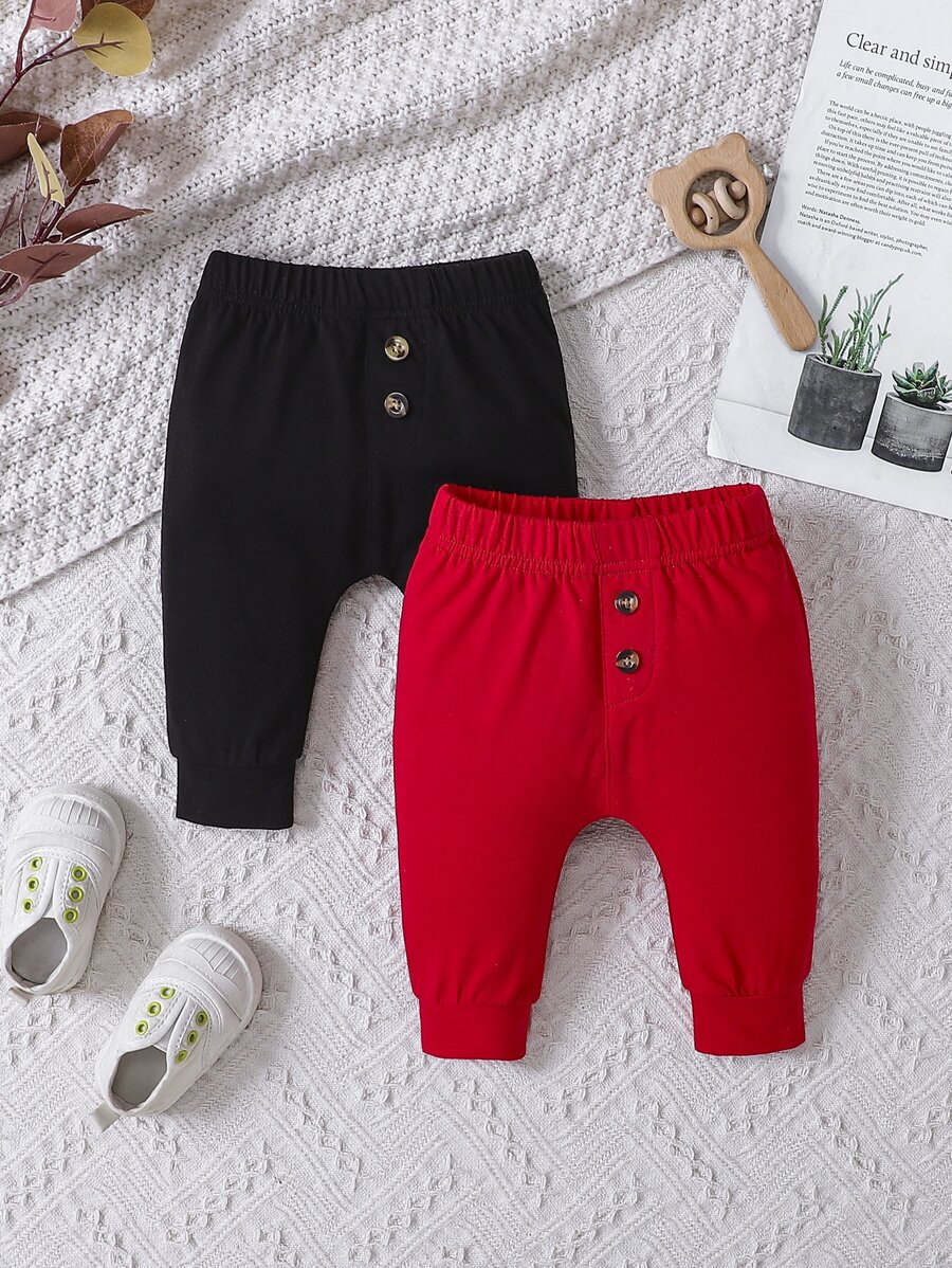 SHEIN Bé trai sơ sinh 2 Miếng Nút phía trước Quần thể thao - Nhiều màu - Xem 1