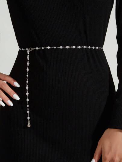 1件装女士仿珍珠装饰链腰带，适合连衣裙装饰，优雅百搭，适合万圣节、夏季、学校秋季等场合。